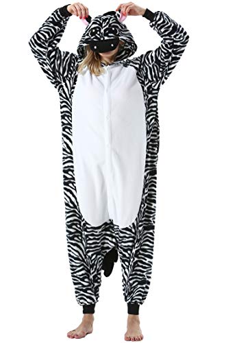 DarkCom Tier Onesie Halloween Cosplay Zebra Kostüm Karneval Einteiliger Pyjamas Jumpsuit für Frauen und Männer XL von DarkCom