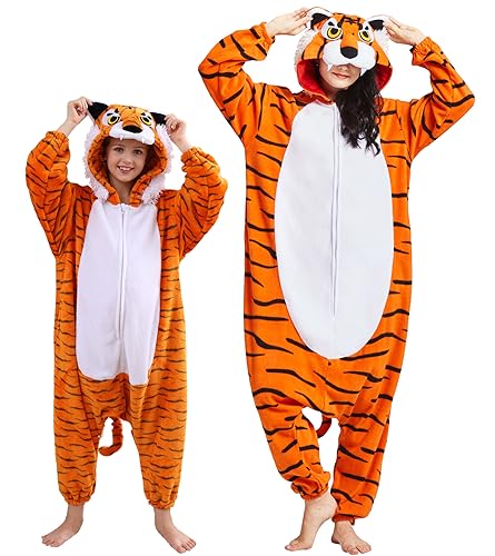 DarkCom Tiger Onesie für Kinder und Erwachsene,Eltern-Kind Karneval Schlafanzug Cosplay Halloween Tierkostüm Weihnachten Pyjamas 10-11 Years von DarkCom