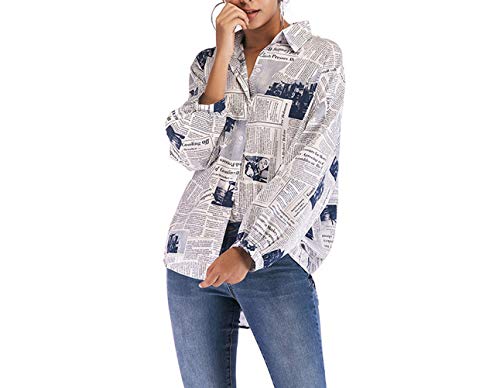 Zeitungsdruck Shirt Frauen Langarm Revers Hals Lose Button-Down-Shirt Top von DarkCom