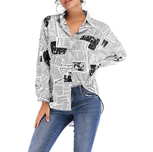 Zeitungsdruck Shirt Frauen Langarm Revers Hals Lose Button-Down-Shirt Top von DarkCom