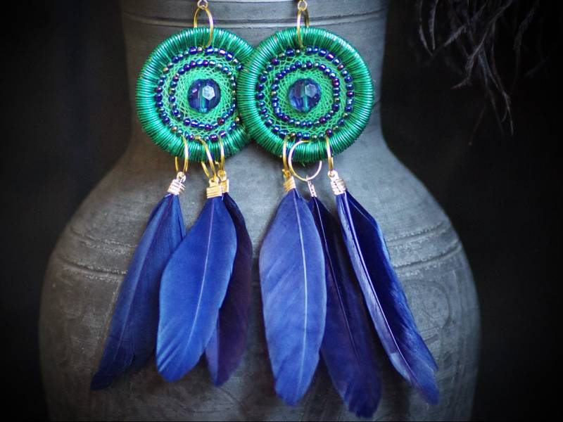 Traumfänger Ohrringe Grün, Blau Feder Ohrhänger von DarkSideMagic