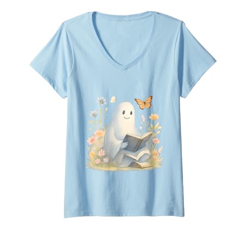Damen Aquarell Bookish Halloween Ghost Reading Book Lover Worm T-Shirt mit V-Ausschnitt Damen Aquarell Bookish Halloween Ghost Reading Book Lover Worm T-Shirt mit V-Ausschnitt von Darling Dogz
