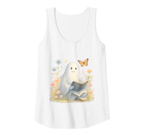 Damen Aquarell Bookish Halloween Ghost Reading Book Lover Worm Tank Top von Darling Dogz