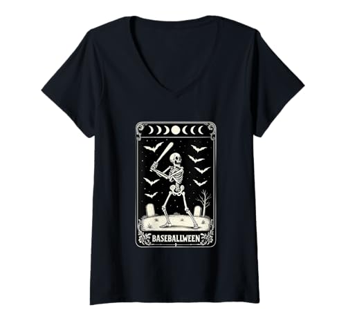 Damen Baseball Halloween Tarotkarte Gothic Lustiges Skelett T-Shirt mit V-Ausschnitt Damen Baseball Halloween Tarotkarte Gothic Lustiges Skelett T-Shirt mit V-Ausschnitt von Darling Dogz