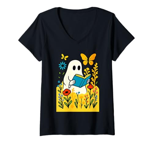Damen Bookish Halloween Book Lover Ghost Gruseliges Lesen Liebt es zu lesen T-Shirt mit V-Ausschnitt von Darling Dogz