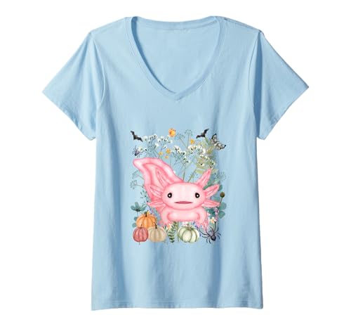 Damen Cottagecore Axoltl Halloween Summerween Aquarell T-Shirt mit V-Ausschnitt von Darling Dogz