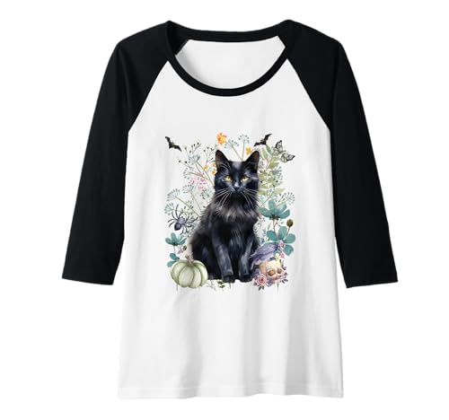 Damen Cottagecore Black Cats Halloween Summerween Aquarell Raglan von Darling Dogz