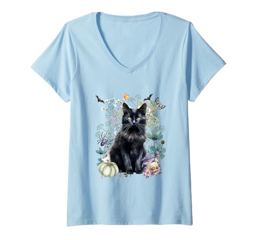 Damen Cottagecore Black Cats Halloween Summerween Aquarell T-Shirt mit V-Ausschnitt von Darling Dogz
