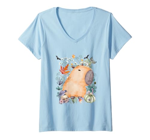 Damen Cottagecore Capybara Halloween Summerween Aquarell T-Shirt mit V-Ausschnitt von Darling Dogz