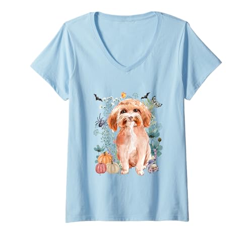 Damen Cottagecore Cockapoo Halloween Sommerween Aquarell Hunde T-Shirt mit V-Ausschnitt von Darling Dogz