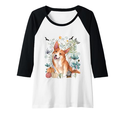 Damen Cottagecore Corgi Halloween Summerween Aquarell Hunde Raglan von Darling Dogz