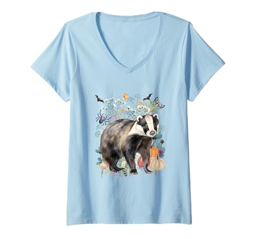 Damen Cottagecore Dachs Halloween Sommerween Aquarell Tiere T-Shirt mit V-Ausschnitt von Darling Dogz