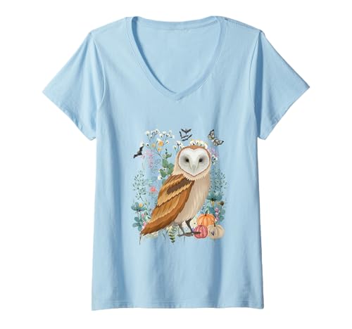 Damen Cottagecore Eulen Halloween Sommer Aquarell Wildlife T-Shirt mit V-Ausschnitt von Darling Dogz