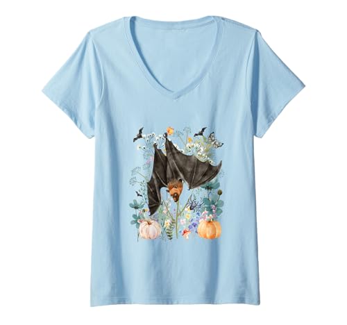 Damen Cottagecore Fledermäuse Halloween Sommerween Aquarell Tiere T-Shirt mit V-Ausschnitt von Darling Dogz