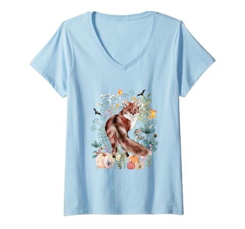 Damen Cottagecore Fox Halloween Sommerween Aquarell Tiere T-Shirt mit V-Ausschnitt von Darling Dogz