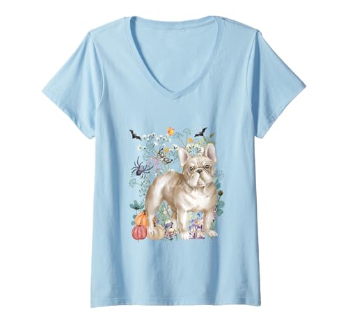 Damen Cottagecore Frenchie Halloween Summerween Aquarell T-Shirt mit V-Ausschnitt von Darling Dogz