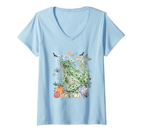 Damen Cottagecore Frosch Halloween Sommerween Aquarell Frösche T-Shirt mit V-Ausschnitt von Darling Dogz