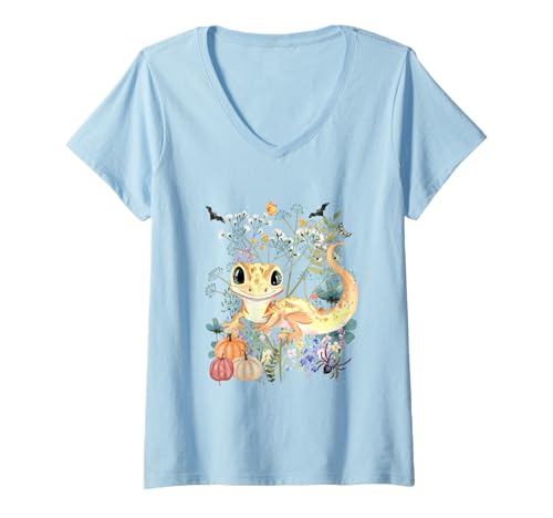 Damen Cottagecore Gekko Halloween Sommerween Aquarell Reptil T-Shirt mit V-Ausschnitt von Darling Dogz
