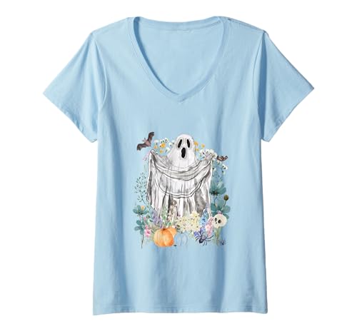 Damen Cottagecore Ghost Halloween Summerween Aquarell Geister T-Shirt mit V-Ausschnitt von Darling Dogz