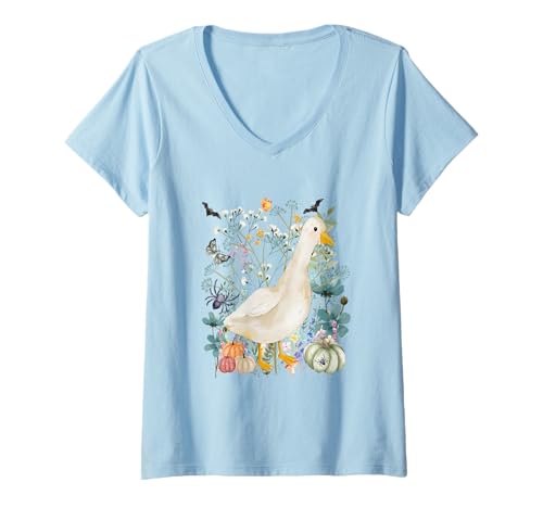 Damen Cottagecore Goose Halloween Summerween Aquarell Gänse T-Shirt mit V-Ausschnitt von Darling Dogz