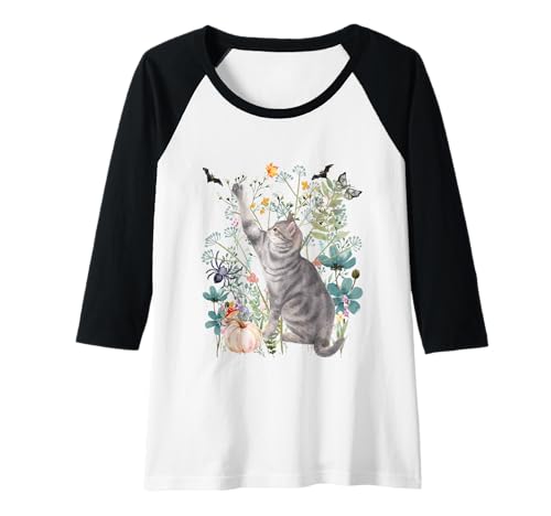 Damen Cottagecore Graue Katze, Halloween, Sommerween, Aquarell Raglan Damen Cottagecore Graue Katze, Halloween, Sommerween, Aquarell Raglan von Darling Dogz