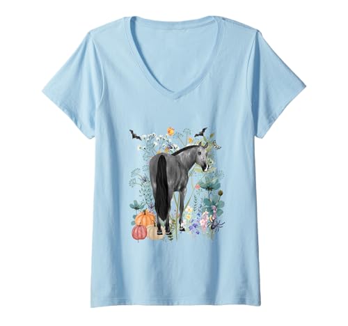 Damen Cottagecore Graues Pferd Sommerween Aquarell Bauernhof T-Shirt mit V-Ausschnitt von Darling Dogz