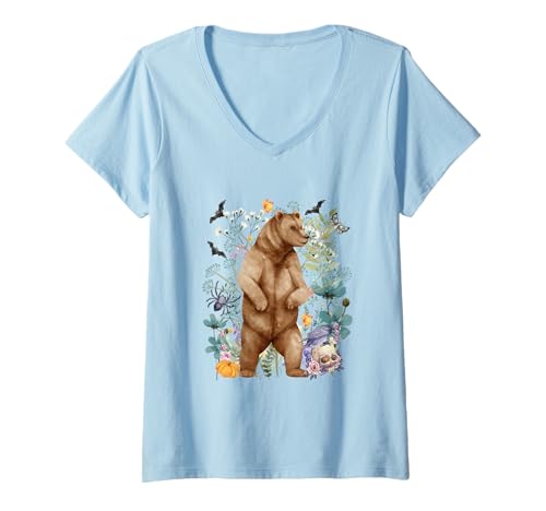 Damen Cottagecore Grizzly Bear Halloween Summerween Aquarell T-Shirt mit V-Ausschnitt von Darling Dogz