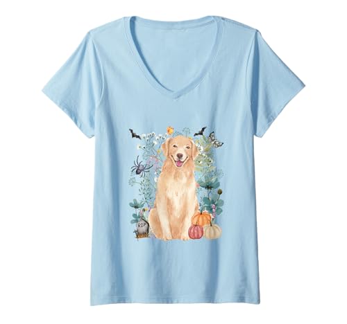 Damen Cottagecore Labrador Halloween Sommerween Aquarell Hunde T-Shirt mit V-Ausschnitt Damen Cottagecore Labrador Halloween Sommerween Aquarell Hunde T-Shirt mit V-Ausschnitt von Darling Dogz
