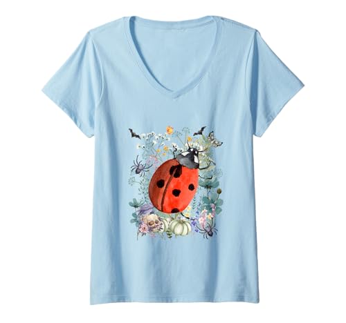 Damen Cottagecore Marienkäfer Halloween Sommerween Aquarell T-Shirt mit V-Ausschnitt Damen Cottagecore Marienkäfer Halloween Sommerween Aquarell T-Shirt mit V-Ausschnitt von Darling Dogz