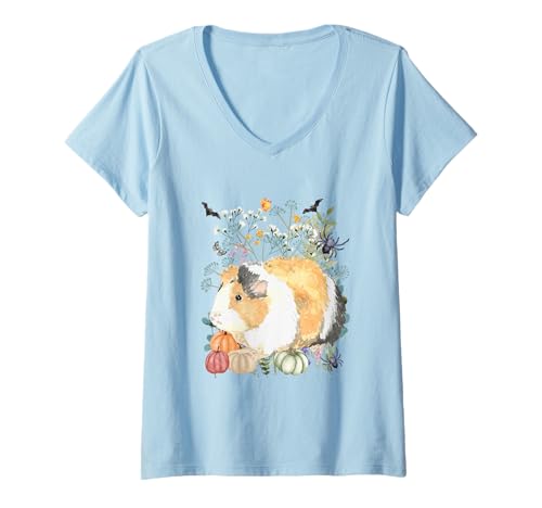 Damen Cottagecore Meerschweinchen Halloween Sommer Haustiere T-Shirt mit V-Ausschnitt von Darling Dogz