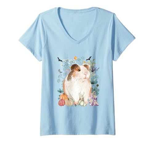 Damen Cottagecore Meerschweinchen Halloween Sommerween Aquarell T-Shirt mit V-Ausschnitt von Darling Dogz
