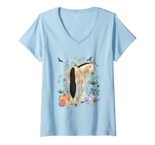 Damen Cottagecore Pferd Summerween Aquarell Bauernhof T-Shirt mit V-Ausschnitt von Darling Dogz