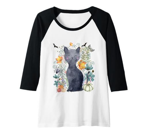 Damen Cottagecore Schwarze Katze Halloween Sommerween Aquarell Raglan von Darling Dogz