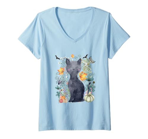 Damen Cottagecore Schwarze Katze Halloween Sommerween Aquarell T-Shirt mit V-Ausschnitt von Darling Dogz