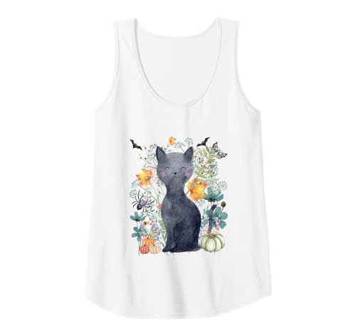 Damen Cottagecore Schwarze Katze Halloween Sommerween Aquarell Tank Top von Darling Dogz