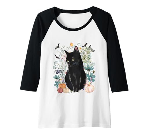 Damen Cottagecore Schwarze Katzen Halloween Sommerween Aquarell Katzen Raglan Damen Cottagecore Schwarze Katzen Halloween Sommerween Aquarell Katzen Raglan von Darling Dogz