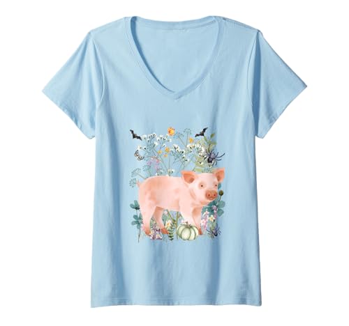 Damen Cottagecore Schwein Halloween Sommer Haustiere Bauernhof T-Shirt mit V-Ausschnitt Damen Cottagecore Schwein Halloween Sommer Haustiere Bauernhof T-Shirt mit V-Ausschnitt von Darling Dogz