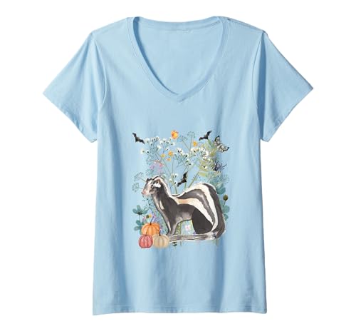 Damen Cottagecore Skunk Halloween Summerween Aquarell Natur T-Shirt mit V-Ausschnitt von Darling Dogz