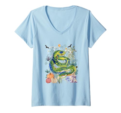 Damen Cottagecore Snake Halloween Summerween Aquarell Reptil T-Shirt mit V-Ausschnitt Damen Cottagecore Snake Halloween Summerween Aquarell Reptil T-Shirt mit V-Ausschnitt von Darling Dogz