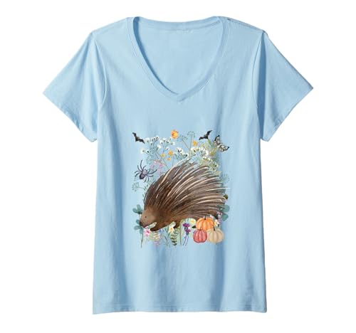 Damen Cottagecore Stachelschwein Halloween Sommerween Aquarell T-Shirt mit V-Ausschnitt von Darling Dogz