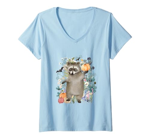 Damen Cottagecore Waschbär Halloween Sommer Aquarell Tiere T-Shirt mit V-Ausschnitt von Darling Dogz