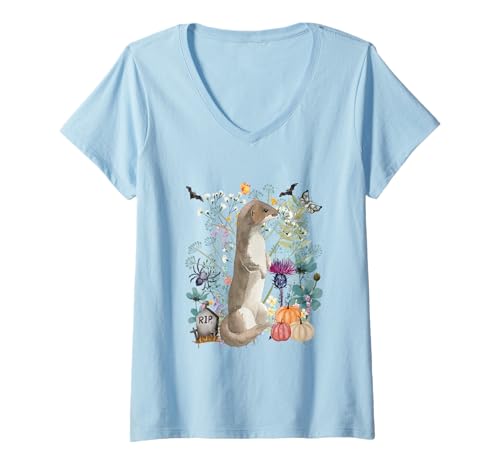 Damen Cottagecore Weasel Halloween Sommerween Aquarell Tiere T-Shirt mit V-Ausschnitt Damen Cottagecore Weasel Halloween Sommerween Aquarell Tiere T-Shirt mit V-Ausschnitt von Darling Dogz