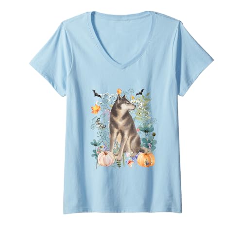 Damen Cottagecore Wolf Halloween Sommerween Aquarell Tiere T-Shirt mit V-Ausschnitt von Darling Dogz