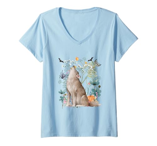 Damen Cottagecore Wolf Halloween Summerween Aquarell Wölfe T-Shirt mit V-Ausschnitt von Darling Dogz
