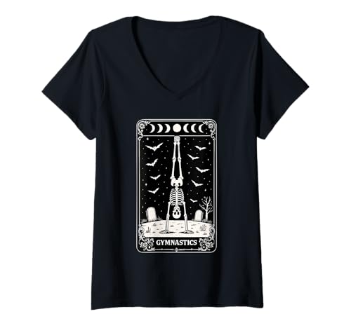 Damen Gymnastik Halloween Handstand Lustiges Skelett T-Shirt mit V-Ausschnitt Damen Gymnastik Halloween Handstand Lustiges Skelett T-Shirt mit V-Ausschnitt von Darling Dogz