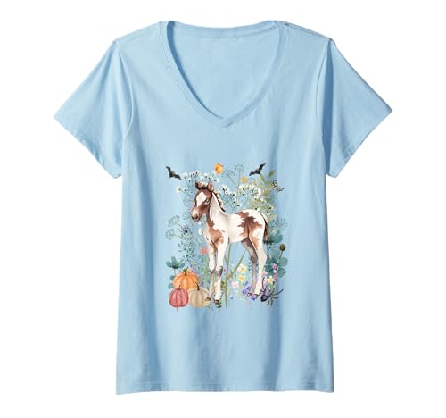 Damen Pony Halloween Summerween Tiere Wildlife Hengst Pferd T-Shirt mit V-Ausschnitt von Darling Dogz