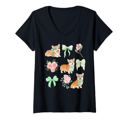 Damen Coquette Corgi Toile Vintage Schleife Floral Dog Art T-Shirt mit V-Ausschnitt Damen Coquette Corgi Toile Vintage Schleife Floral Dog Art T-Shirt mit V-Ausschnitt von Darling Pups & Pretty Bows