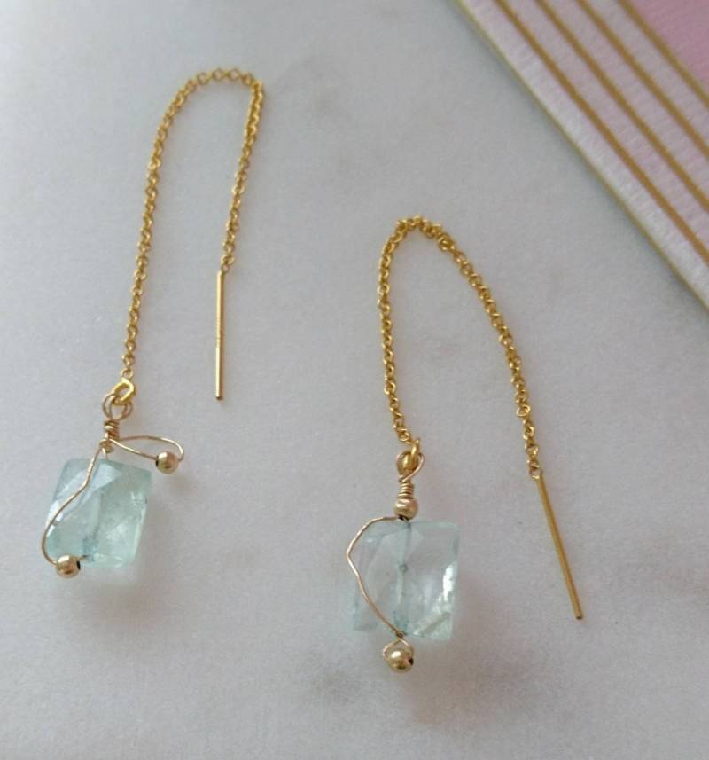 Aquamarin Threader Ohrringe Zierliche Gold Fill Tropfen Schmuck von DarlingGolightly