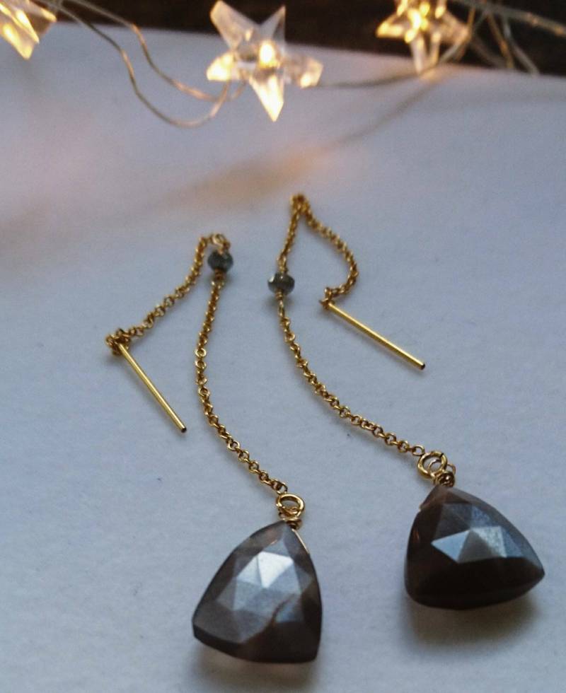 Gold Einfädler Ohrringe Schokolade Mondstein Und Diamanten, Winter Schmuck, Rohdiamant Mit Mondstein, Schicke Ohrringe, Geschenk von DarlingGolightly