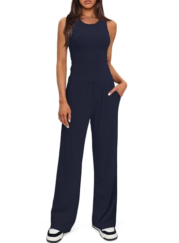 Darong 2-teiliges Damen-Outfits, Lounge-Sets, ärmellose Tank-Tops und Hose mit weitem Bein, Trainingsanzüge, Match-Sets, Dunkelblau (73,7 cm Schrittlänge), Large von Darong